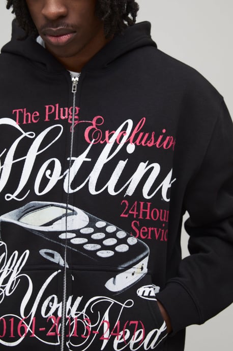 Black Oversized Boxy Hotline Graphic Zip Through Hoodie - Image 3