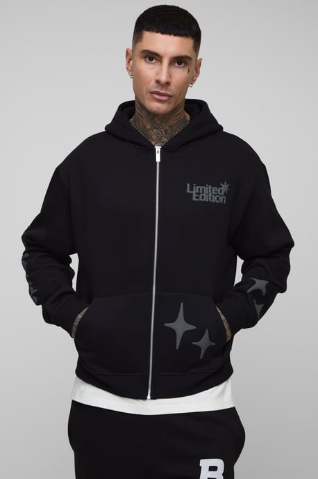 Tall Oversized Boxy Worldwide Puff Print Zip Through Hoodie - Image 3