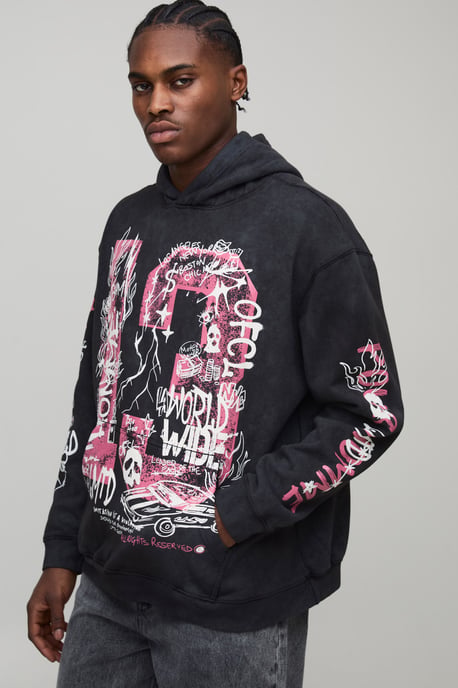 Black Oversized Doodle Print Acid Wash Hoodie - Image 1