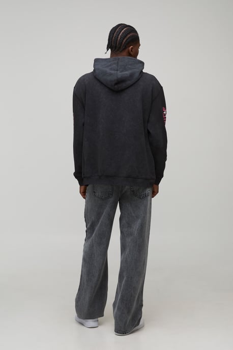 Black Oversized Doodle Print Acid Wash Hoodie - Image 2