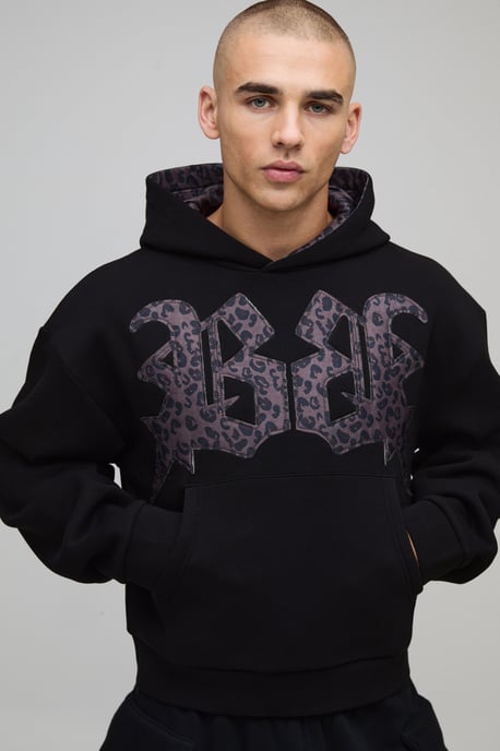 Oversized Shrunken Boxy Leopard Print Applique Hoodie - Image 1