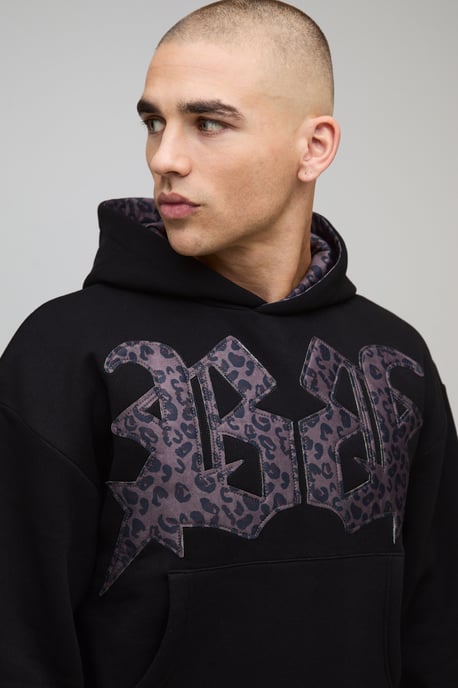 Oversized Shrunken Boxy Leopard Print Applique Hoodie - Image 3