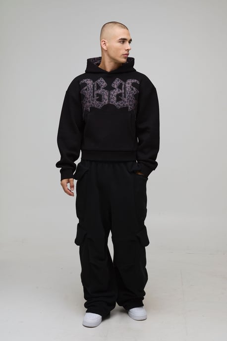 Oversized Shrunken Boxy Leopard Print Applique Hoodie - Image 4