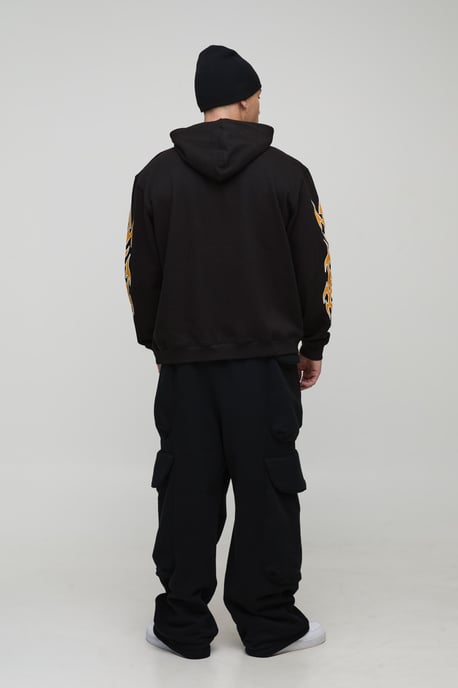 Black Oversized Dice Flame Printed Hoodie - Image 2