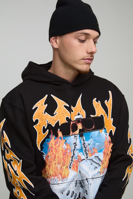 Black Oversized Dice Flame Printed Hoodie - Image 3