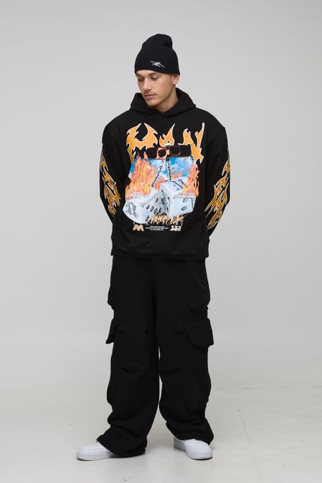 Black Oversized Dice Flame Printed Hoodie - Image 4