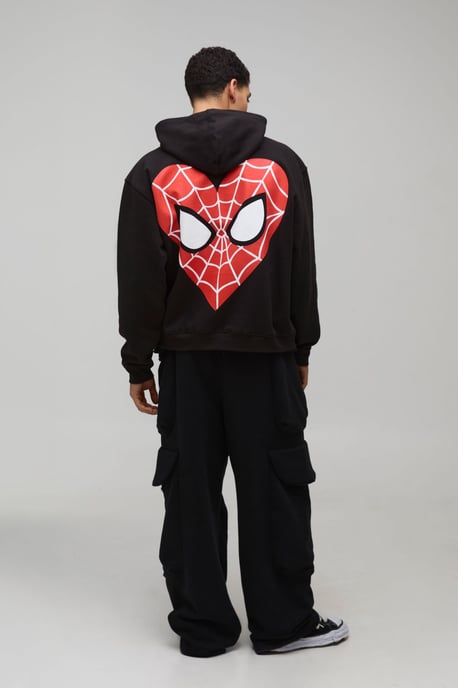 Oversized Boxy Marvel Spider-Man Heart License Printed Hoodie - Image 2