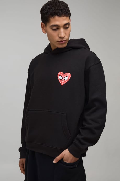 Oversized Boxy Marvel Spider-Man Heart License Printed Hoodie - Image 3