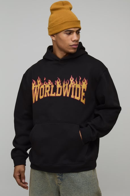 Oversized Worldwide Flame Printed Hoodie - Image 1