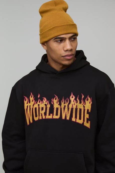 Oversized Worldwide Flame Printed Hoodie - Image 3
