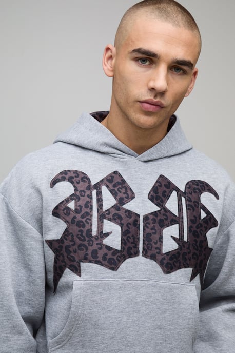 Oversized Shrunken Boxy Leopard Print Applique Hoodie - Image 3