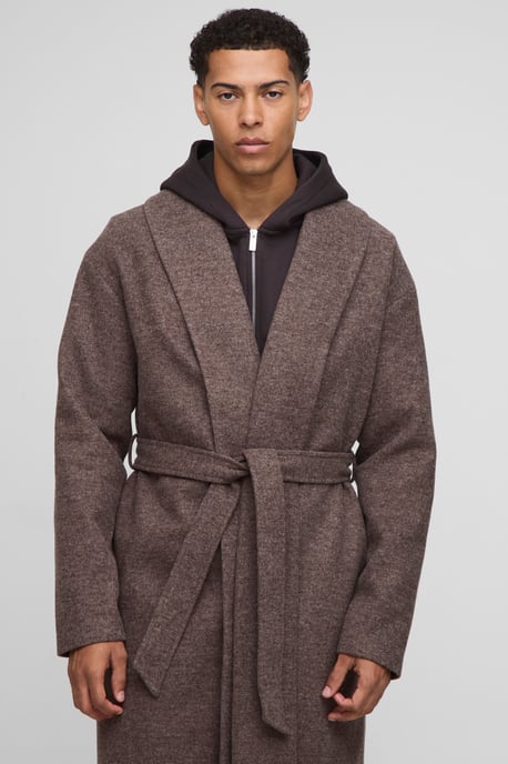 Single Breasted Shawl Collar Self Belted Longline Marl Melton Overcoat - Image 3