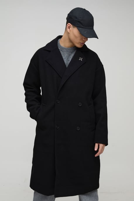 Oversized Drop Shoulder Double Breasted Overcoat In Black - Image 1