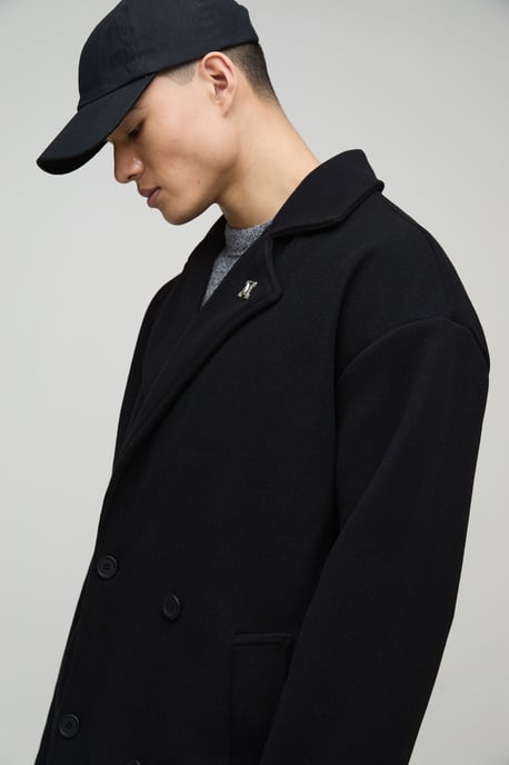 Oversized Drop Shoulder Double Breasted Overcoat In Black - Image 3