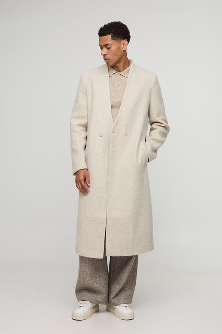 Oversized Longline Double Breasted Collarless Melton Overcoat - Image 1