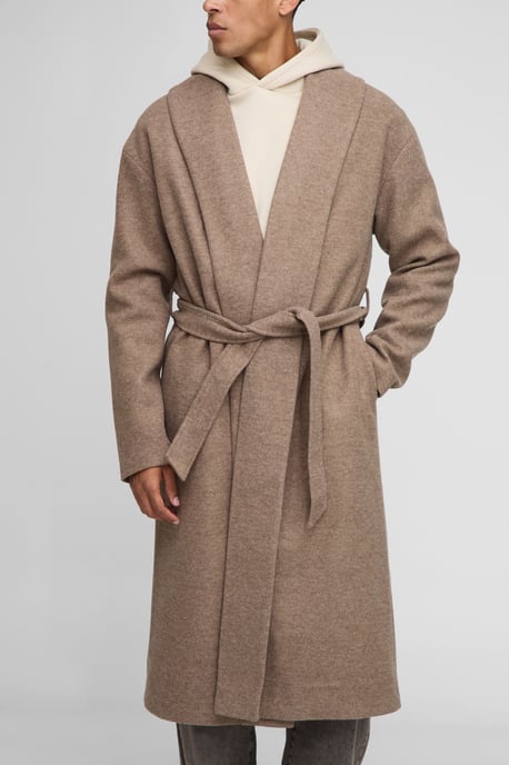Single Breasted Shawl Collar Self Belted Longline Marl Melton Overcoat - Image 3