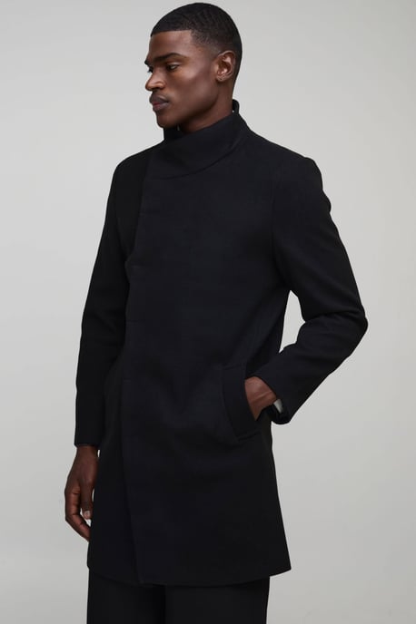 Funnel Neck Wool Look Overcoat in Black - Image 1