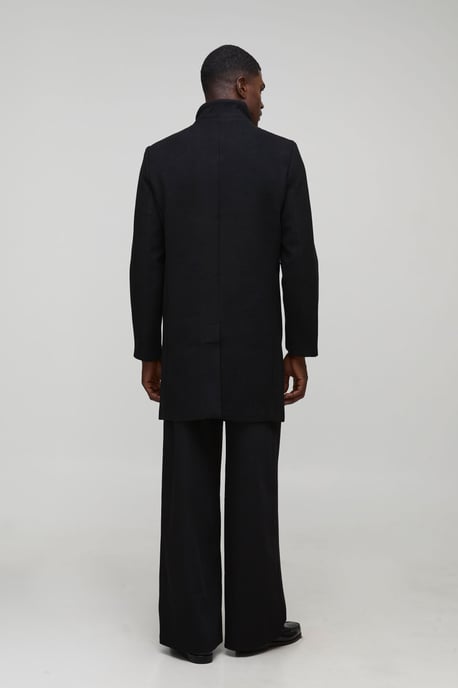 Funnel Neck Wool Look Overcoat in Black - Image 2