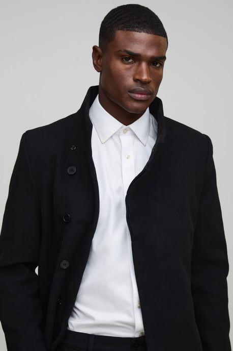 Funnel Neck Wool Look Overcoat in Black - Image 3
