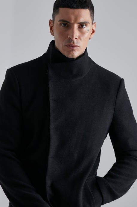 Funnel Neck Wool Look Overcoat in Black - Image 4