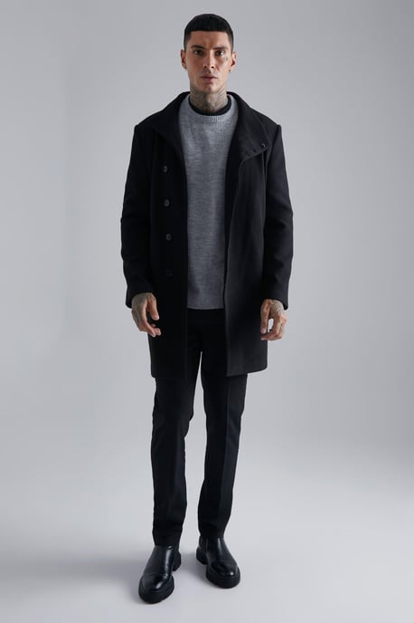 Funnel Neck Wool Look Overcoat in Black - Image 5