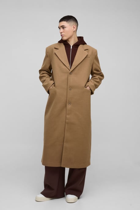 Oversized Overcoat With Faux Hooded Jersey Layer In Tan - Image 1