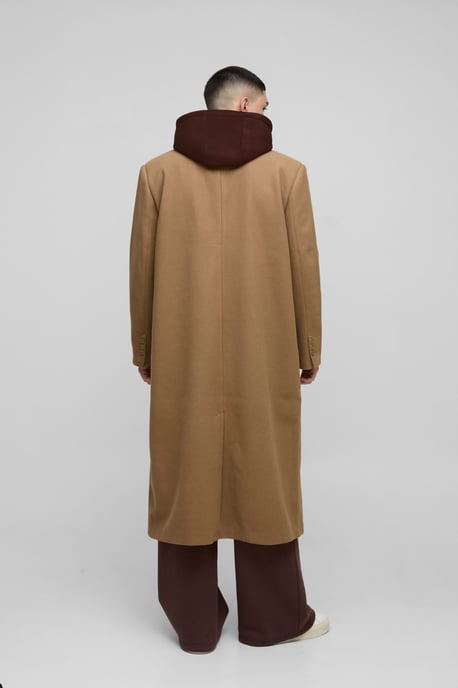 Oversized Overcoat With Faux Hooded Jersey Layer In Tan - Image 2