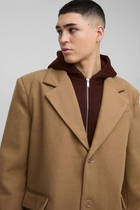 Oversized Overcoat With Faux Hooded Jersey Layer In Tan - Image 3