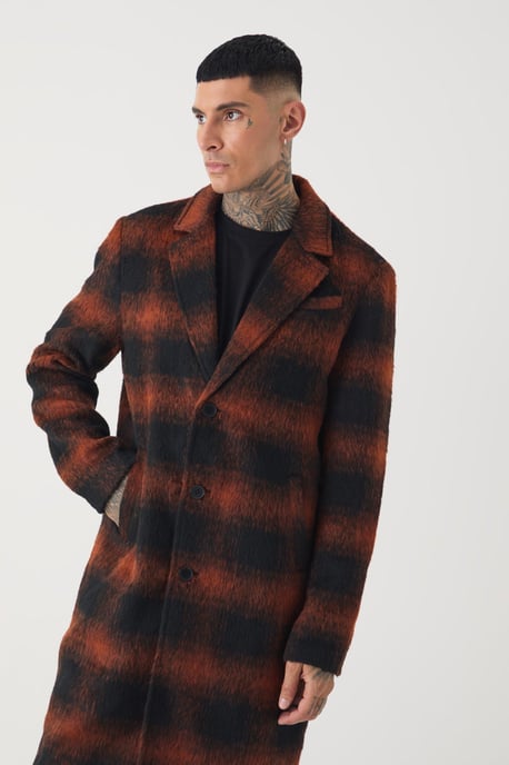 Tall Oversized Brushed Check Overcoat In Brown - Image 3