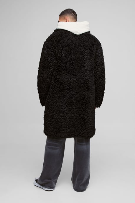 Oversized Longline Borg Overcoat In Black - Image 2