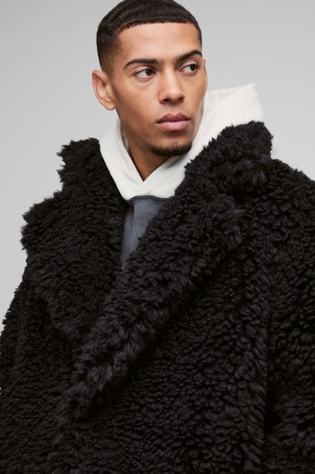 Oversized Longline Borg Overcoat In Black - Image 3
