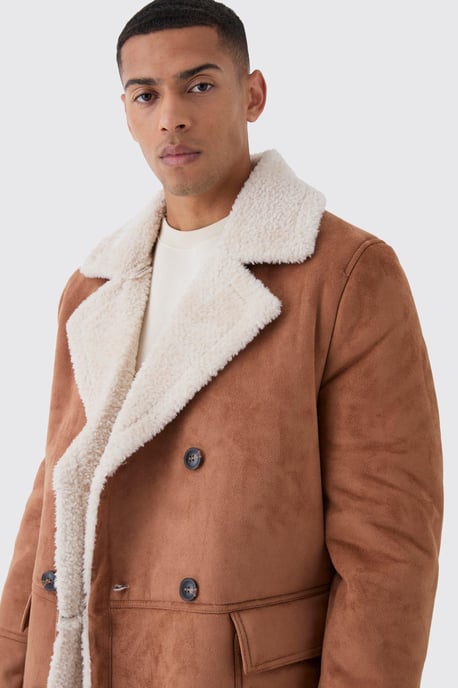 Borg Lined Double Breasted Overcoat in Tan - Image 3