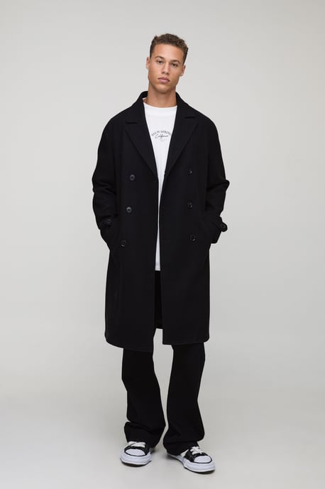 Tall Double Breasted Wool Look Overcoat in Black - Image 1