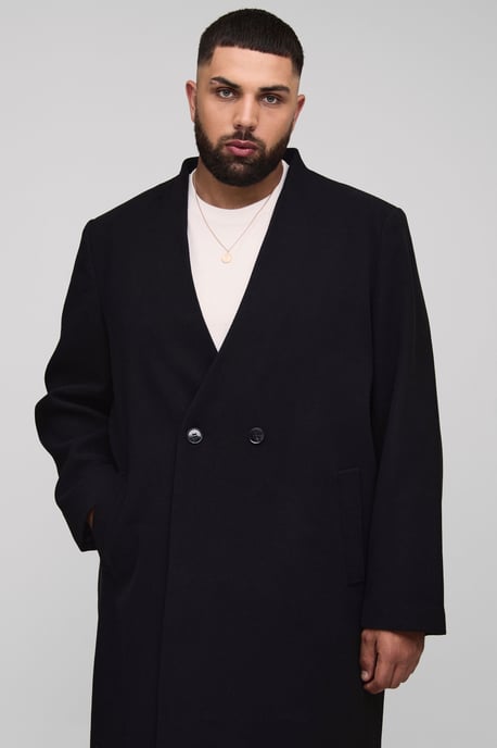 Plus Oversized Boxy Double Breasted Collarless Overcoat - Image 3