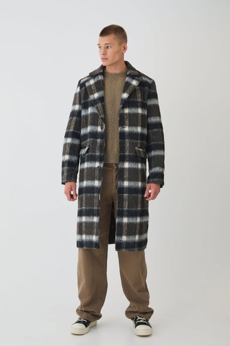 Brushed Check Overcoat In Brown - Image 1
