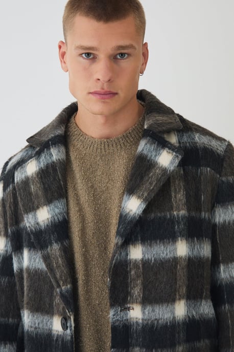 Brushed Check Overcoat In Brown - Image 3