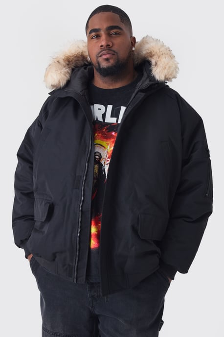 Plus Hooded Parka With Removeable Faux Fur Trim Regular Fit In Black - Image 1