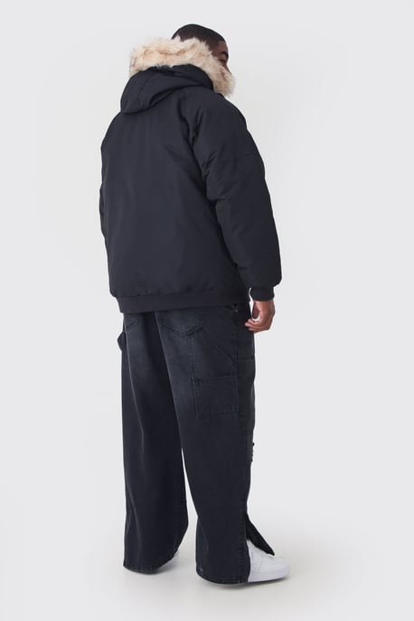 Plus Hooded Parka With Removeable Faux Fur Trim Regular Fit In Black - Image 2
