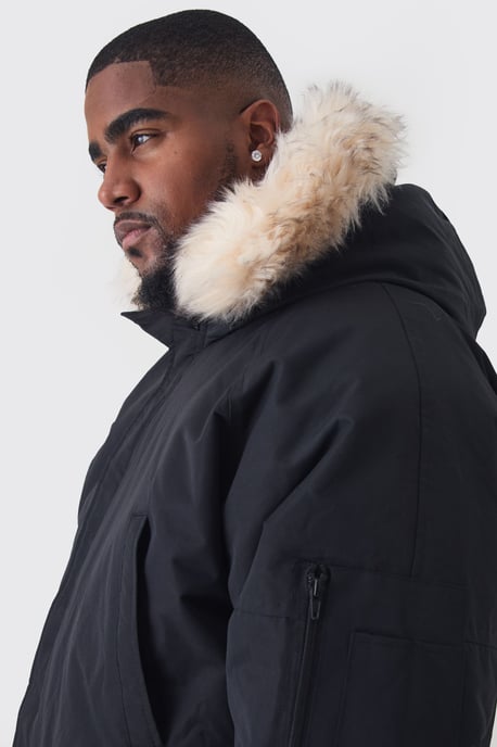 Plus Hooded Parka With Removeable Faux Fur Trim Regular Fit In Black - Image 3