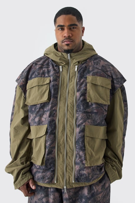 Plus Washed Ripstop Nylon Camo Utility Jacket - Image 1