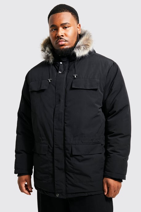 Plus Faux Fur Hooded Arctic Parka Jacket in Black - Image 4