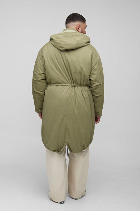 Plus Regular Fit Peached Nylon Funnel Neck Mid Length Parka Jacket - Image 2