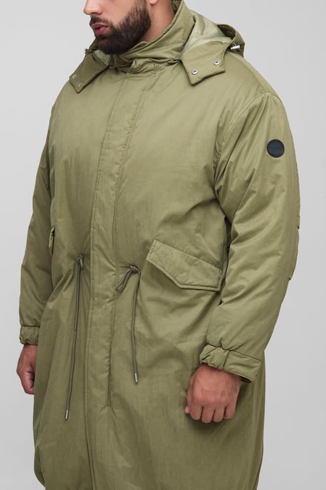 Plus Regular Fit Peached Nylon Funnel Neck Mid Length Parka Jacket - Image 3