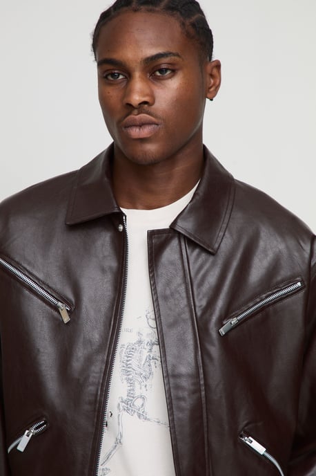 Boxy Fit Zip Detail PU Collared Bomber Jacket - Image 3