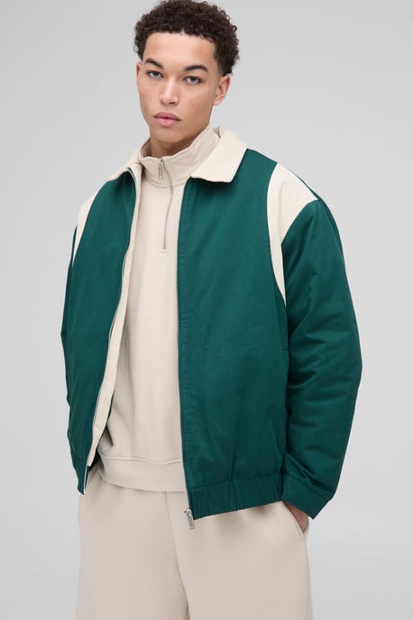 Oversized Contrast Cord Twill Collared Bomber Jacket - Image 1