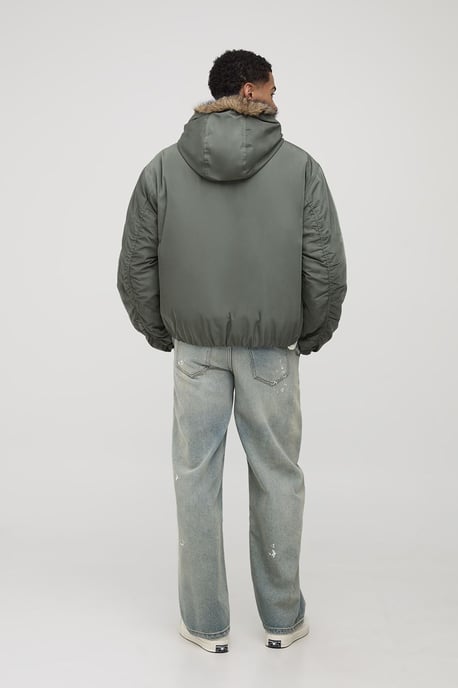 Oversized Faux Fur Trim Hooded Bomber Jacket - Image 2
