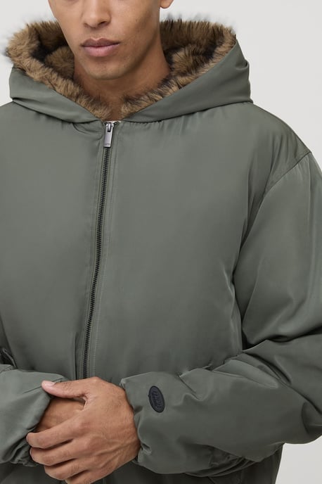 Oversized Faux Fur Trim Hooded Bomber Jacket - Image 3