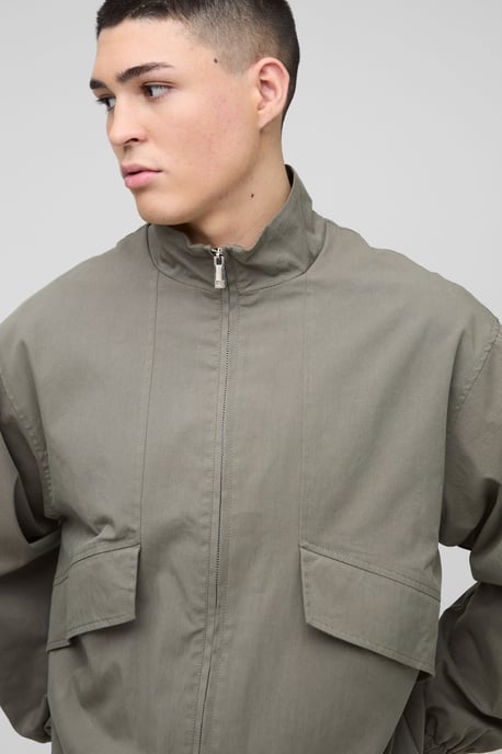 Oversized Boxy Pocket Detail Twill Funnel Neck Bomber Jacket - Image 3