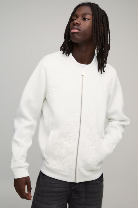 Regular Fit Floral Embroidered Scuba Bomber Jacket - Image 1
