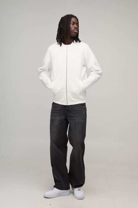 Regular Fit Floral Embroidered Scuba Bomber Jacket - Image 4